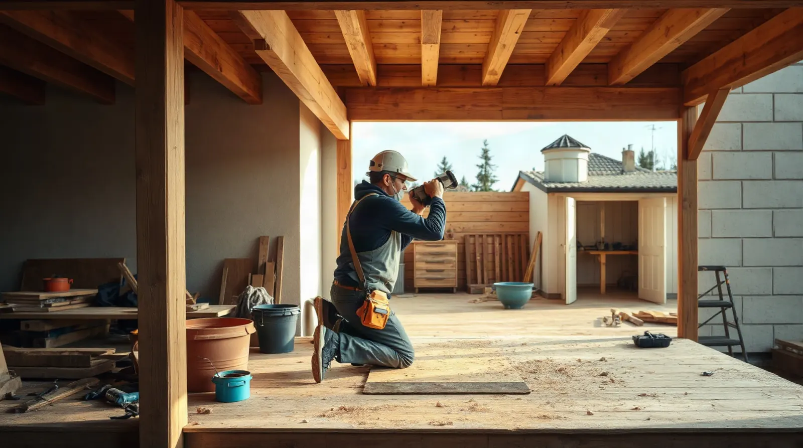 Artisan réalisant des travaux de toiture sur une maison individuelle