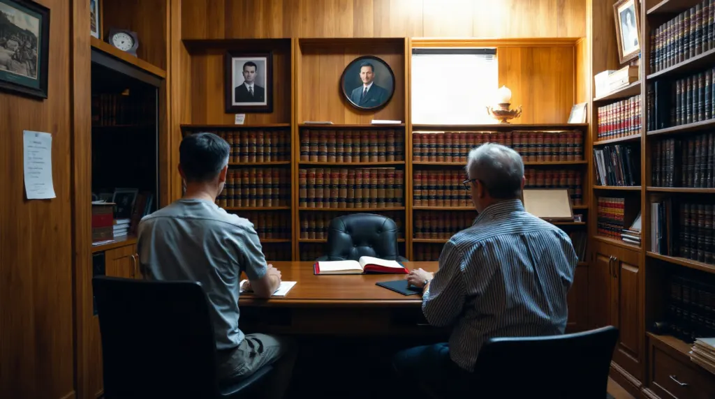 Deux adultes consultant des documents de succession avec un notaire