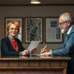 Deux personnes signant un contrat de viager chez un notaire