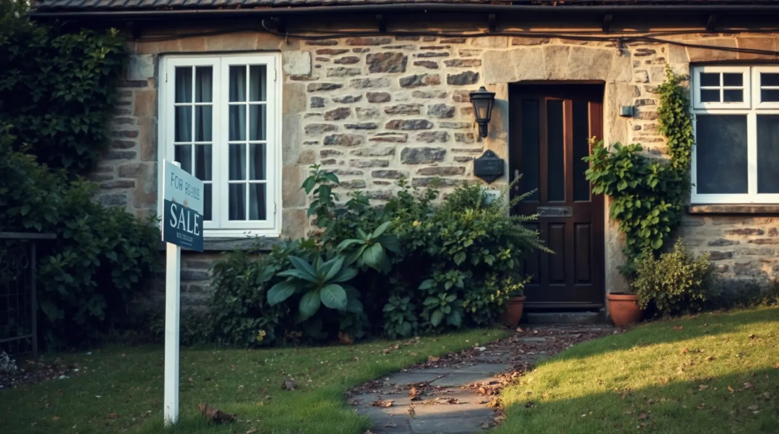 Façade d'une maison en indivision avec panneau à vendre