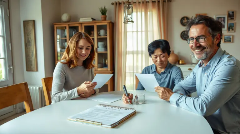 Famille réunie autour d'une table avec un notaire et des documents de succession