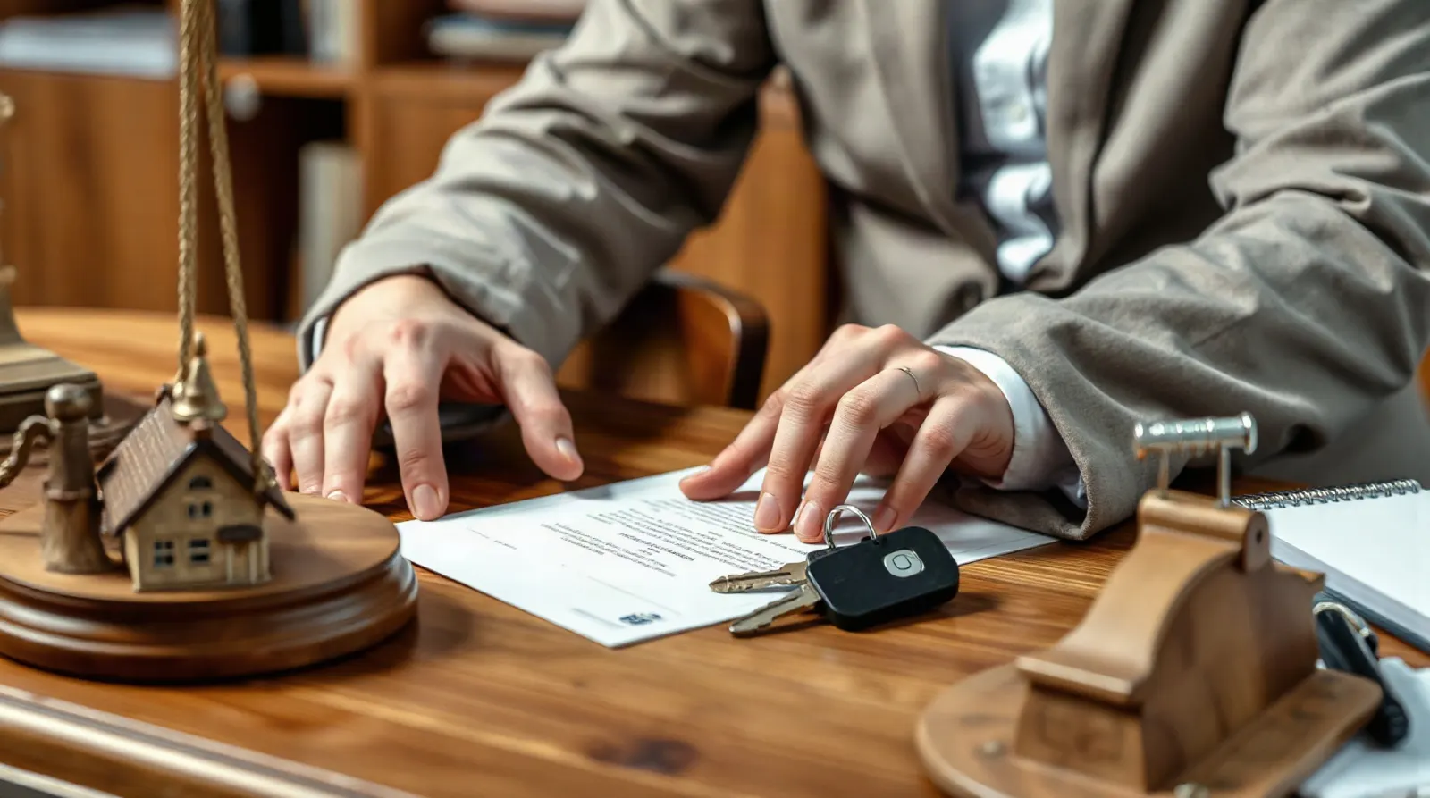 Mains signant un acte de partage immobilier sur un bureau en bois avec des clés de maison