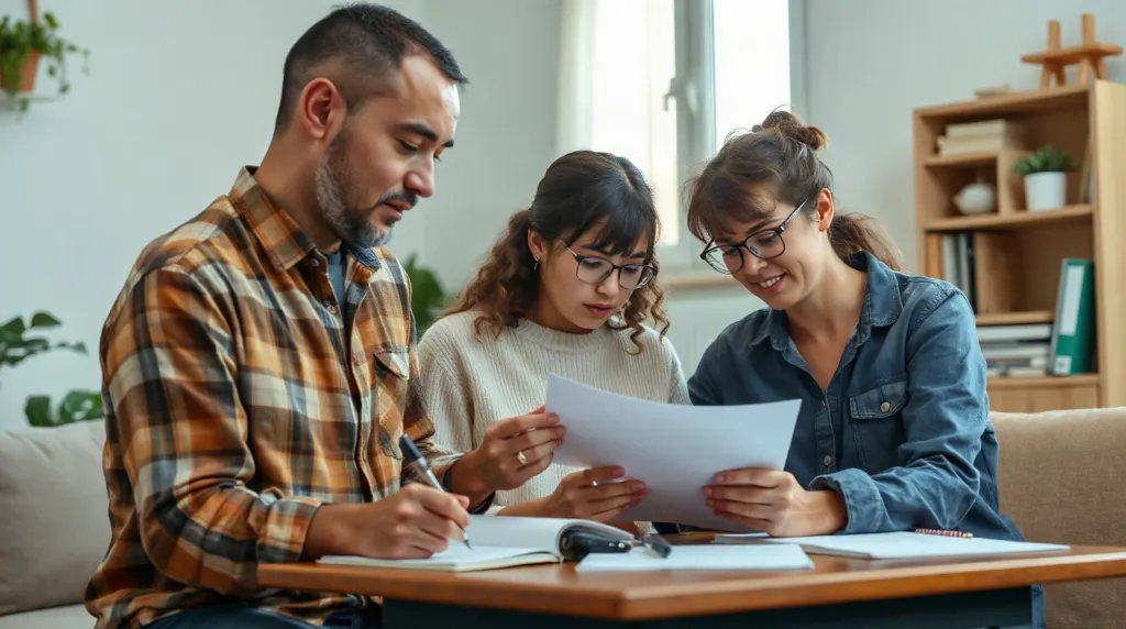 Parents et enfant adulte discutant autour de documents notariés