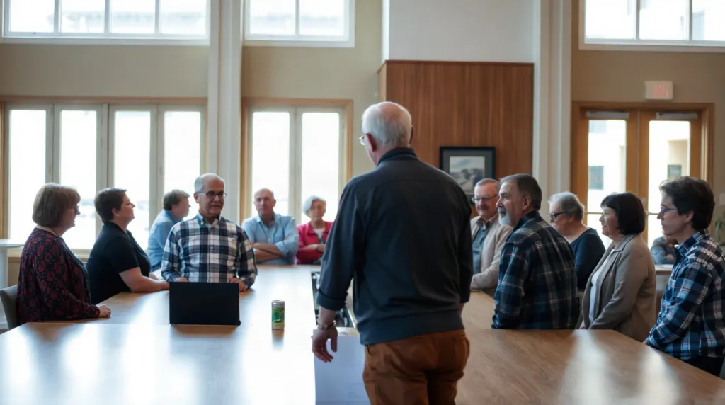 Réunion de copropriétaires autour d'une table avec documents et ordinateur portable