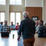 Réunion de copropriétaires autour d'une table avec documents et ordinateur portable