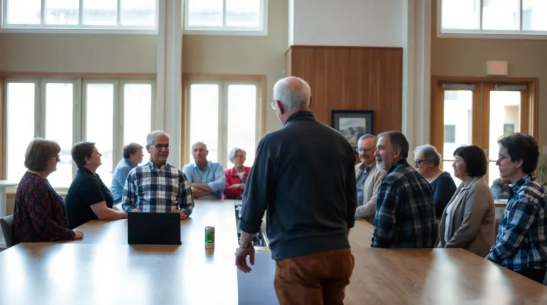 Réunion de copropriétaires autour d'une table avec documents et ordinateur portable