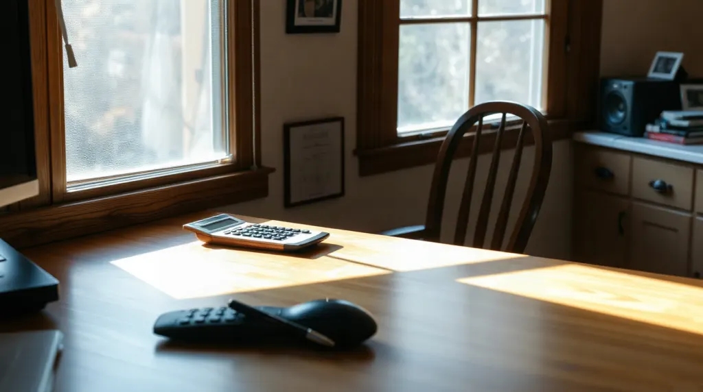 Tableau de charges de copropriété posé sur un bureau avec une calculatrice