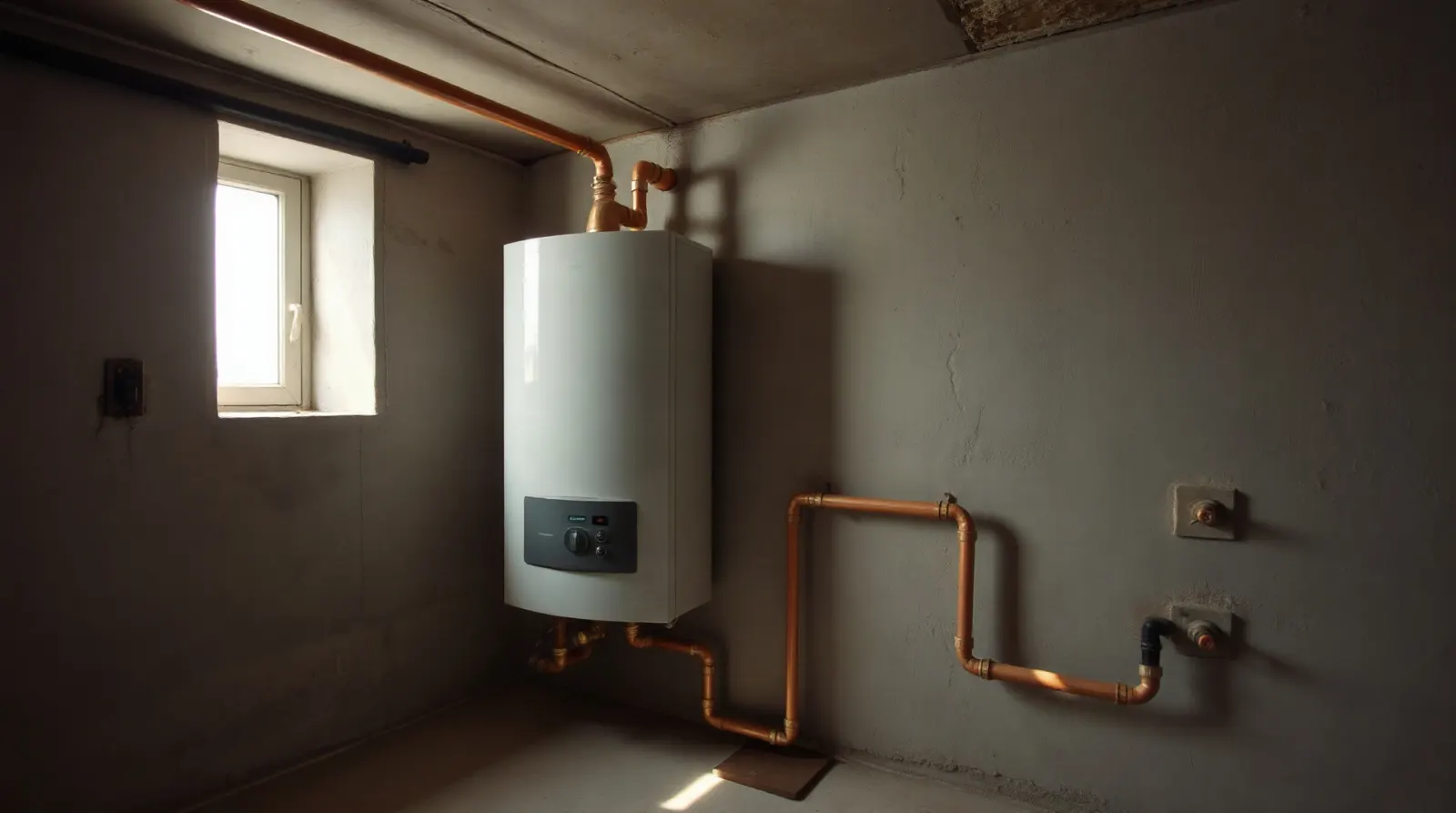 Technicien réglant un système de chauffage collectif en sous-sol d'immeuble